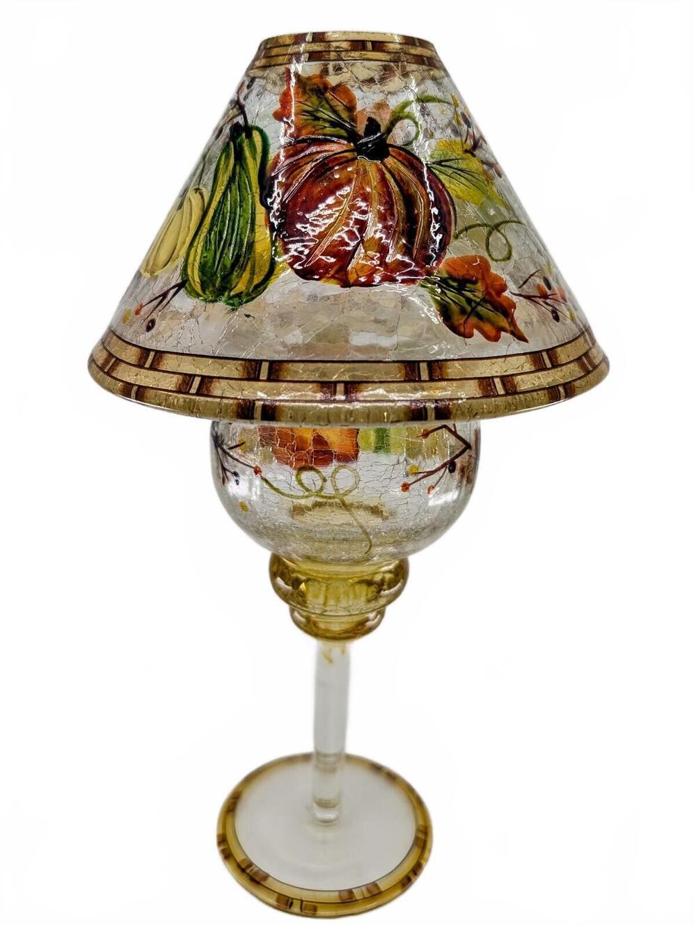 Vintage Crackle Glass Candle Lamp Hand Painted Pumpkin Gourd Fall Decor